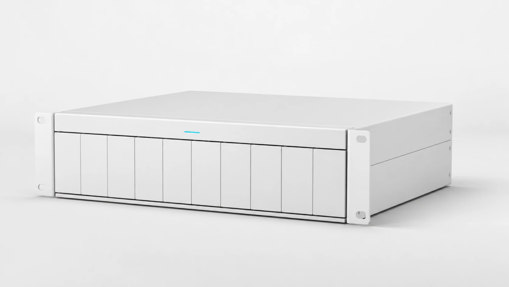 Abstract white rack-mount modular enclosure concept; not final hardware or a certified product.