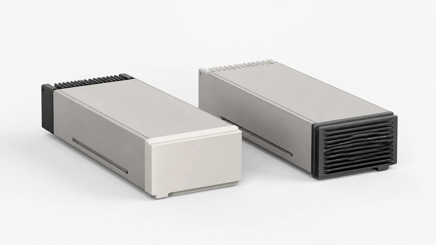 Two abstract removable compute and security module concepts on a white technical surface; not final hardware or a certified product.