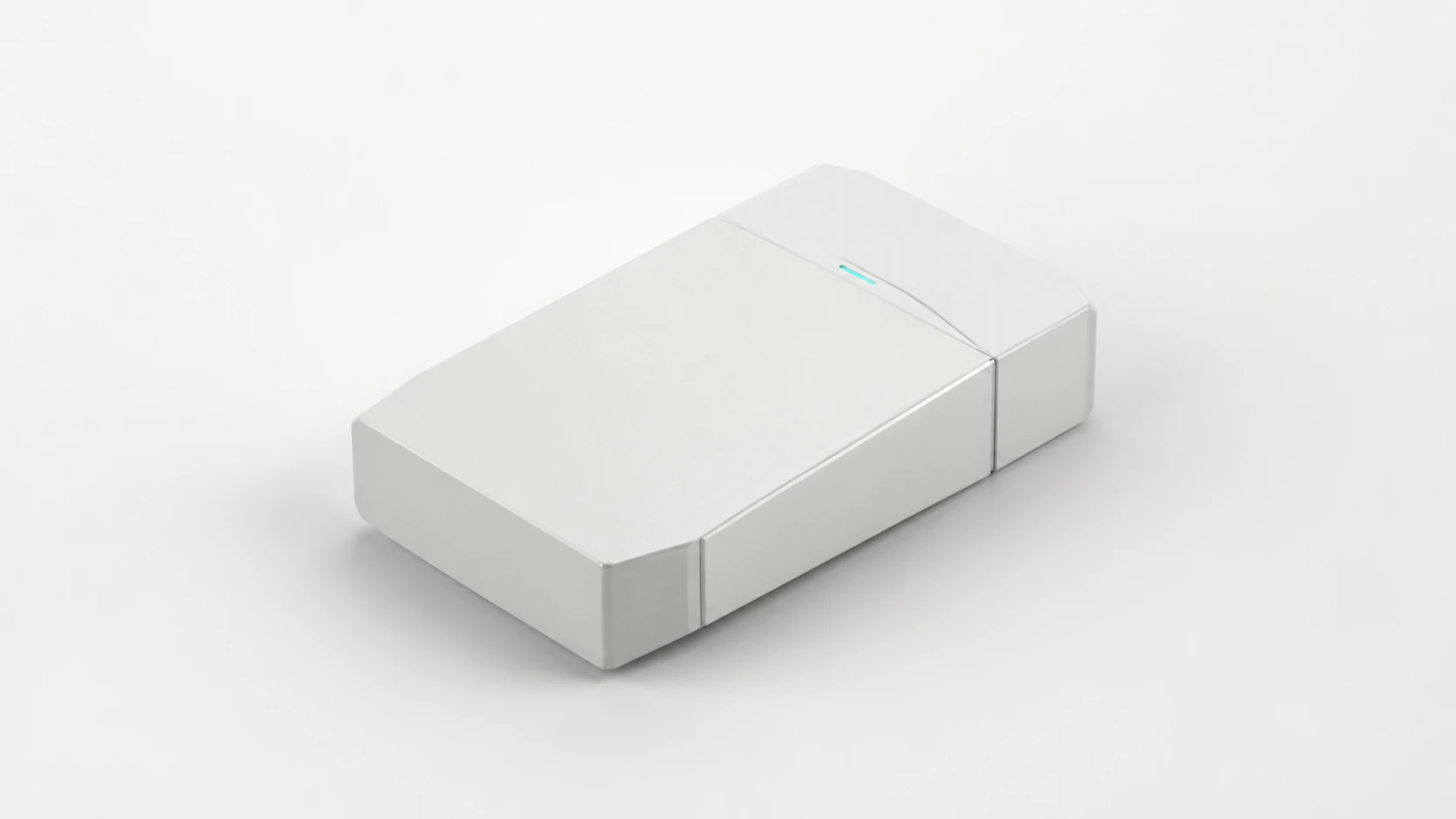Abstract white handheld token body concept with a small cyan indicator sliver; not final hardware.